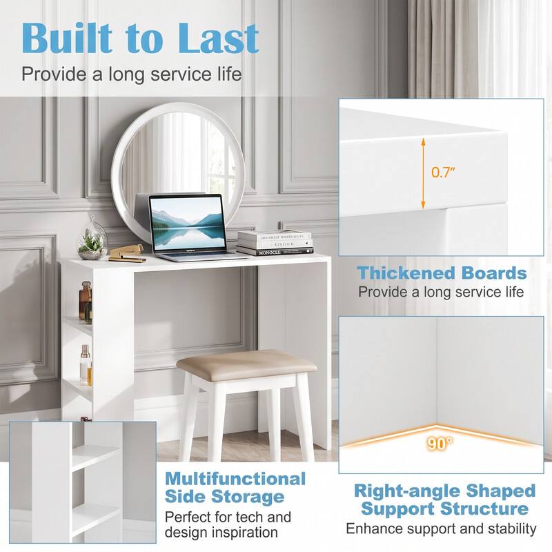Built to Last  
Provide a long service life

Thickened Boards  
Provide a long service life

Multifunctional Side Storage  
Perfect for tech and design inspiration

Right-angle Shaped Support Structure  
Enhance support and stability