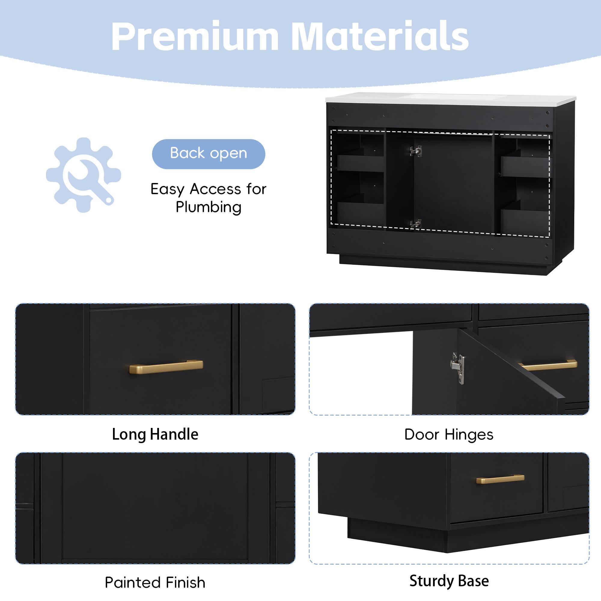 Premium Materials

- Back open
- Easy Access for Plumbing
- Long Handle
- Door Hinges
- Painted Finish
- Sturdy Base