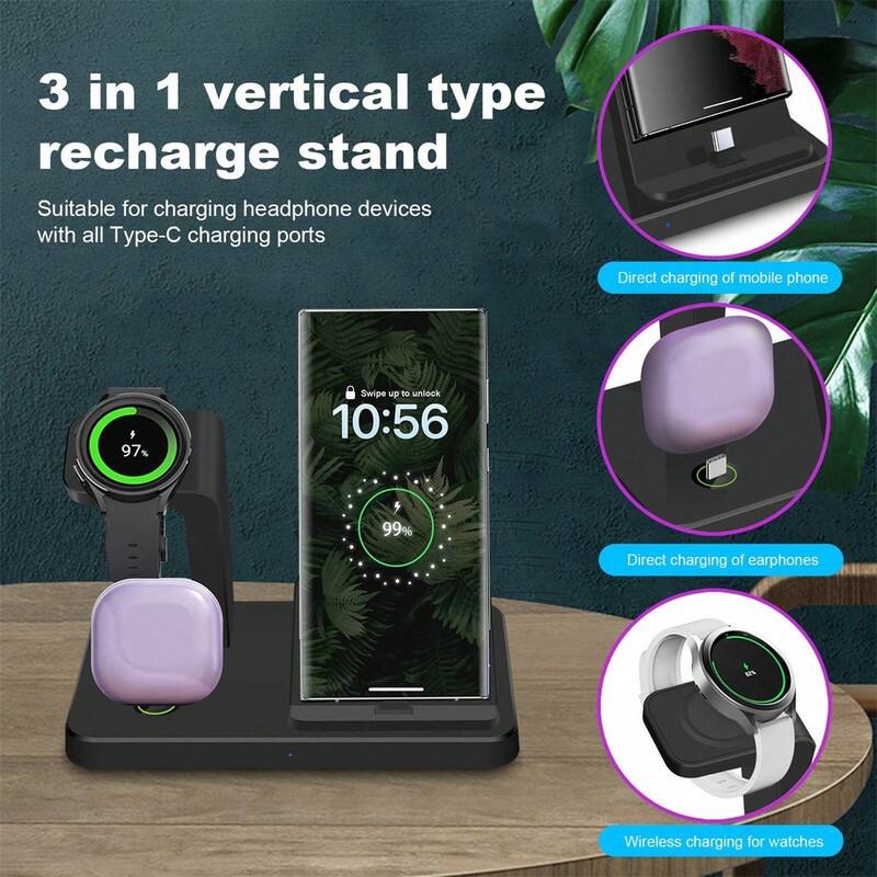 3 in 1 vertical type recharge stand  
Suitable for charging headphone devices with all Type-C charging ports  
Direct charging of mobile phone  
Direct charging of earphones  
Wireless charging for watches