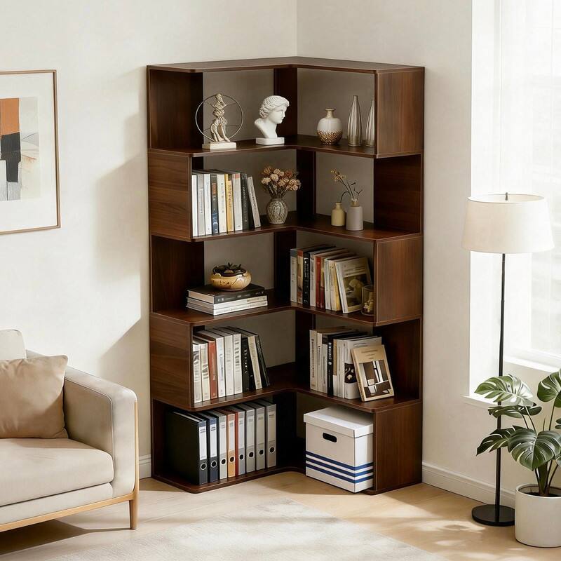 Front. HTUTWOO - 6-Tier L Shaped Corner Bookshelf, Safe Stable Wooden Bookcase with Baffle for Living Room Bedroom Home Office - Brown.