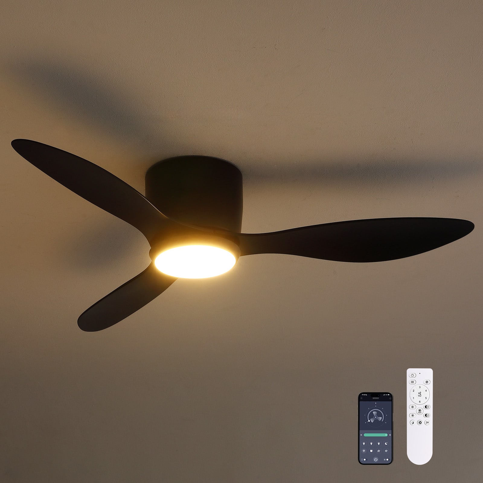 Front. Siljoy - 42-in Modern Black Flush Mount Ceiling Fan with LED Light and Remote For Bedroom Living Room and Covered Patio.