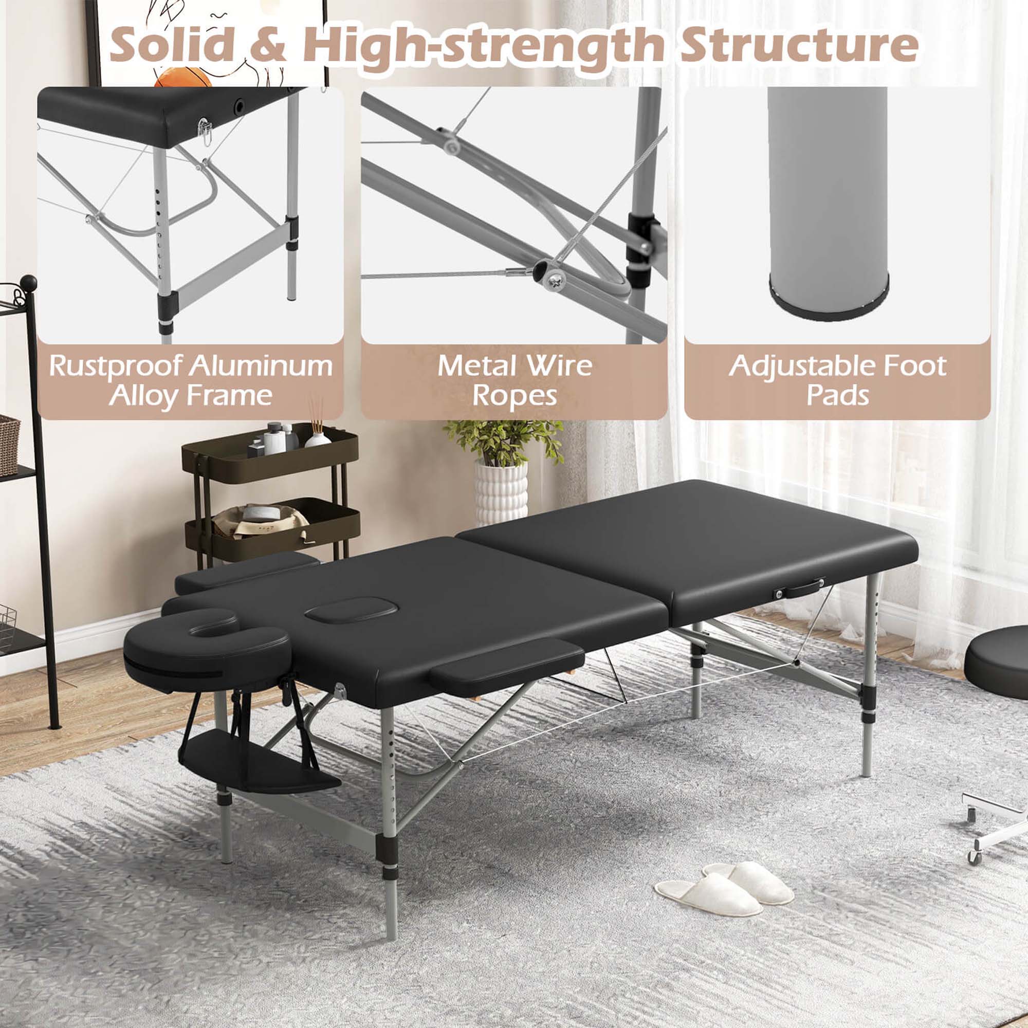 Solid & High-strength Structure  
Rustproof Aluminum Alloy Frame  
Metal Wire Ropes  
Adjustable Foot Pads