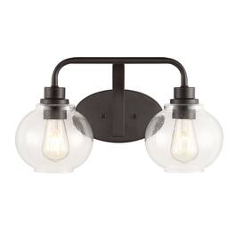 Jonathan Y - Sandrine 17.5" 2-Light Iron/Seeded Glass Cottage Rustic LED Vanity Light, Oil Rubbed Bronze - Oil-Rubbed Bronze
