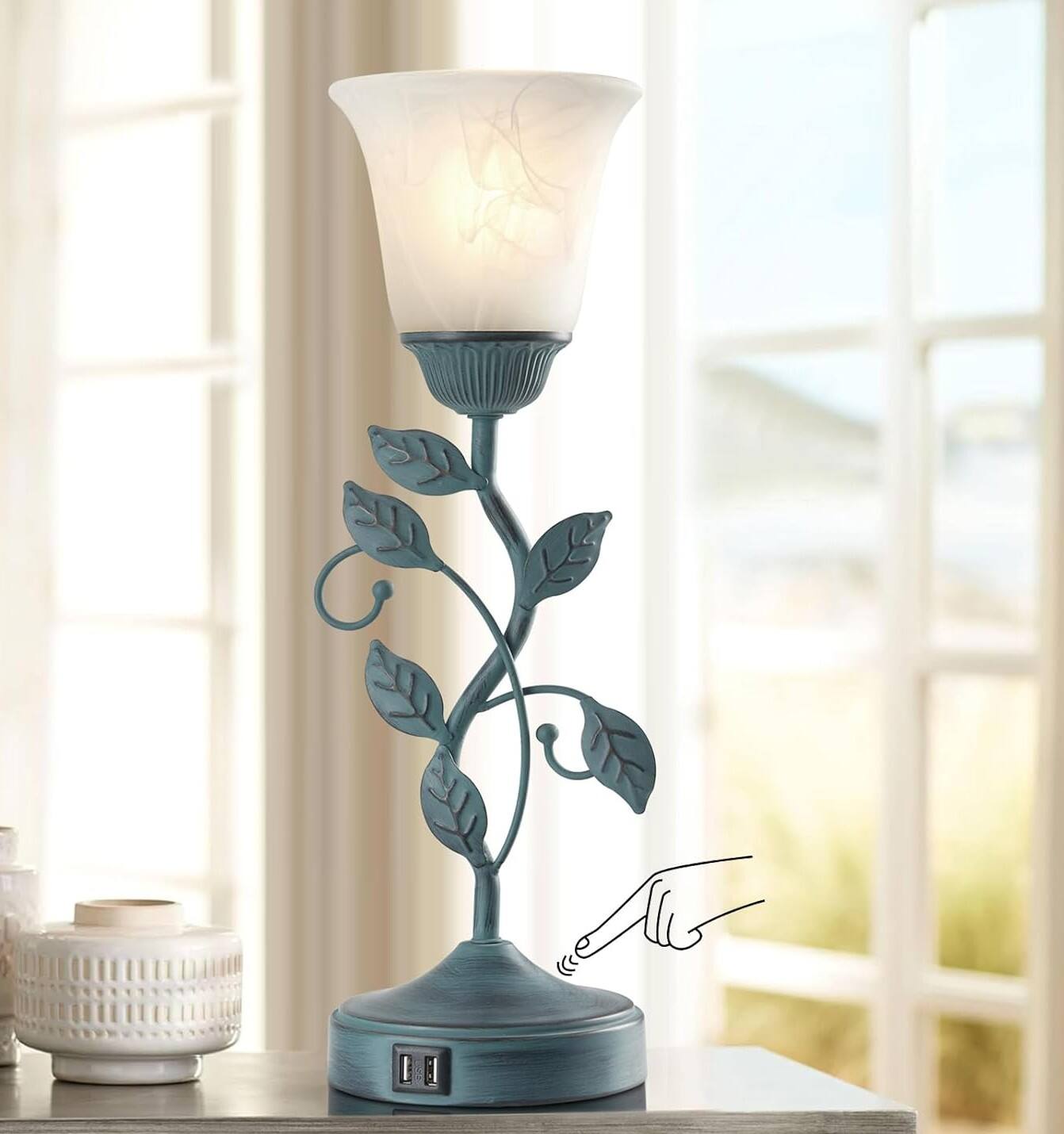 Alt View 1. FINEAK - Vintage Table Lamp with Touch Control & Dual USB Charging - 1 Pack - Retro Green.