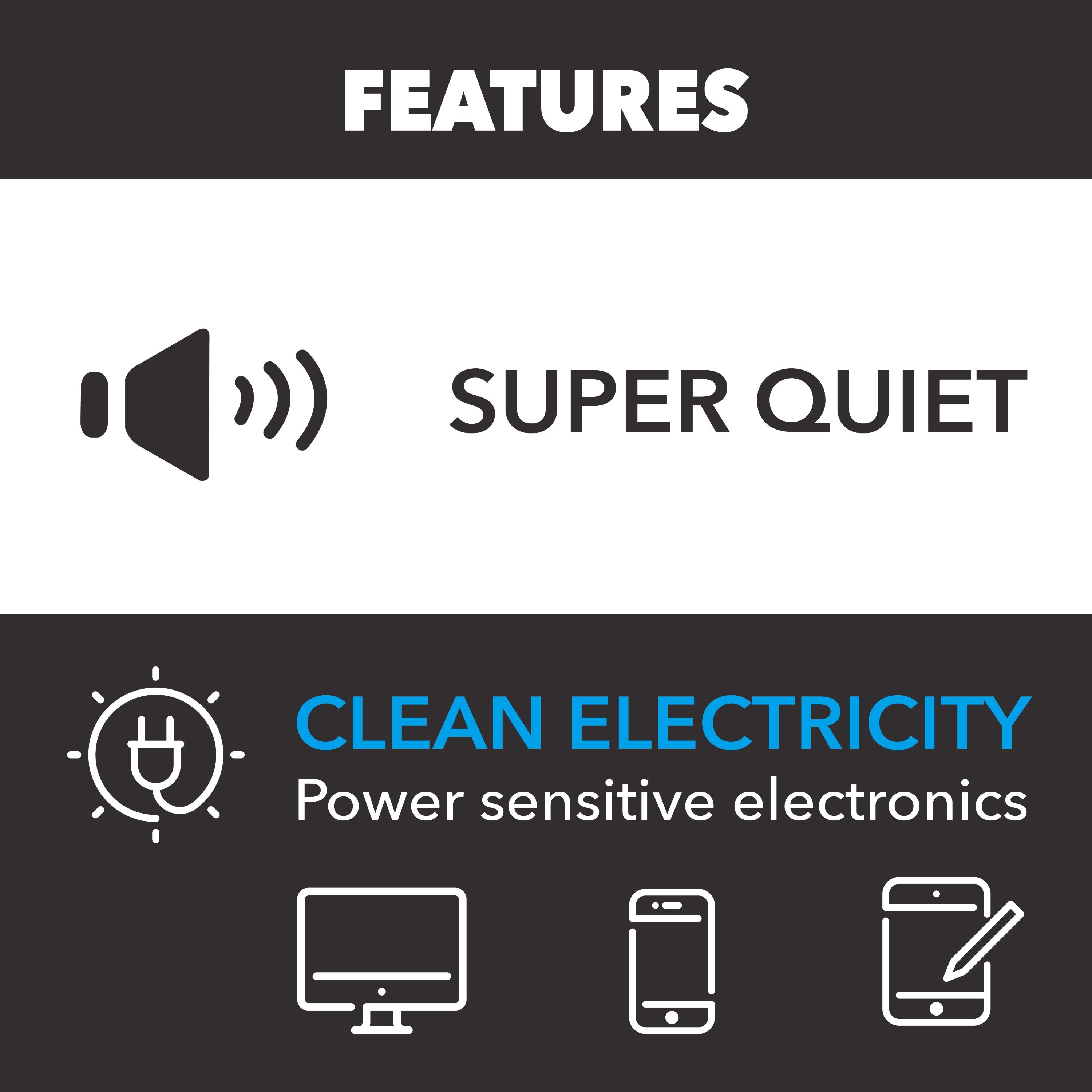FEATURES

- SUPER QUIET
- CLEAN ELECTRICITY
  - Power sensitive electronics
