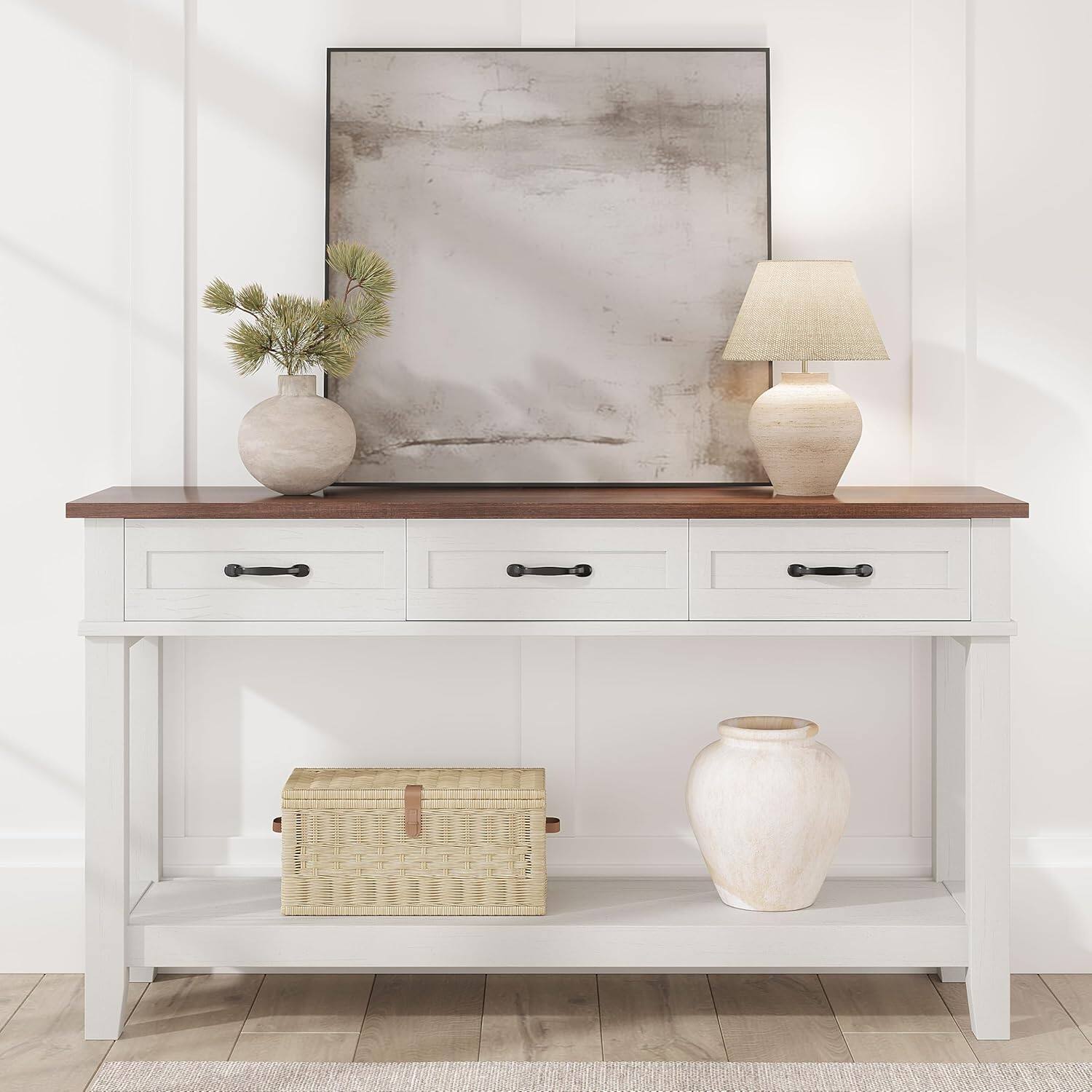 Alt View 2. Acekool - Entryway Table, Console Table with 3 Storage Drawers, 3 Tier Farmhouse Wooden Sofa Table, Hallway Tables - White.