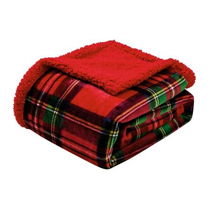 Front. Plazatex - Plazatex 100% Polyester Plaid Printed Reversible Throw Blanket 50" x 60" Green-Red - Multicolor.
