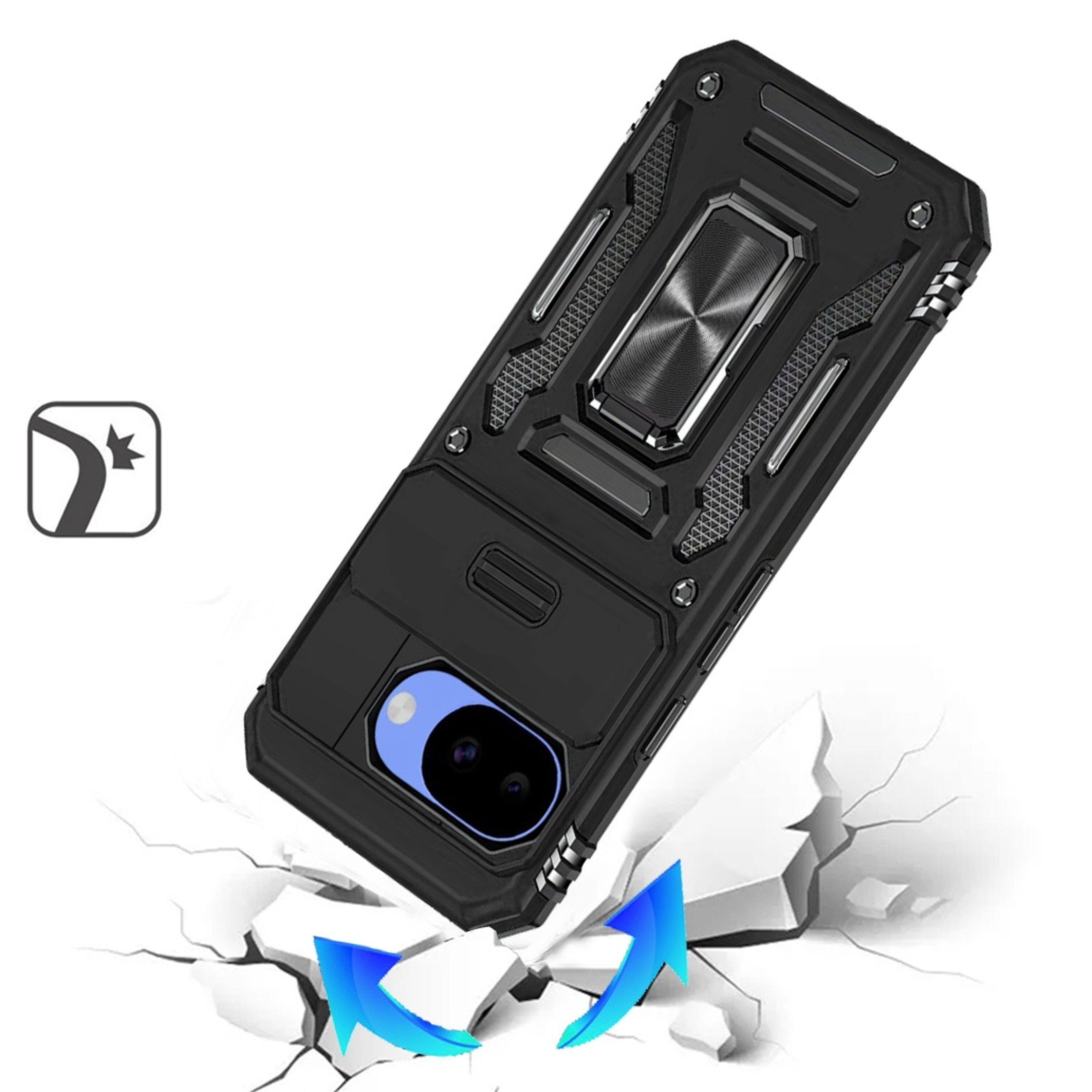Left. Kitcheniva - Shockproof Camera Lens Sliding Cover Magnetic Ring Stand Phone Case With Tempered Glass For Google Pixel 10a Black - Black.