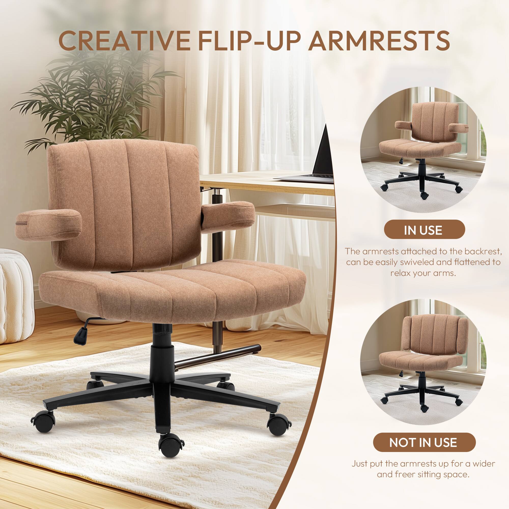 **CREATIVE FLIP-UP ARMRESTS**

**IN USE**  
The armrests attached to the backrest can be easily swiveled and flattened to relax your arms.

**NOT IN USE**  
Just put the armrests up for a wider and freer sitting space.