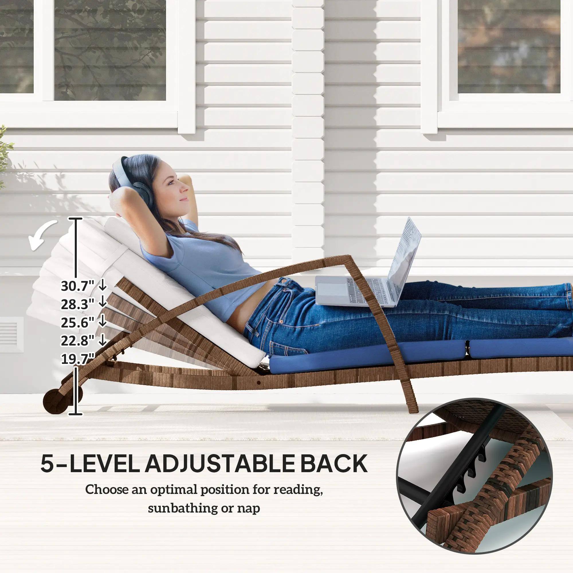 I 30.7" F 28.3"  25.6" + 22.8"  19.7" 5-LEVEL ADJUSTABLE BACK Choose an optimal position for reading, sunbathing or nap