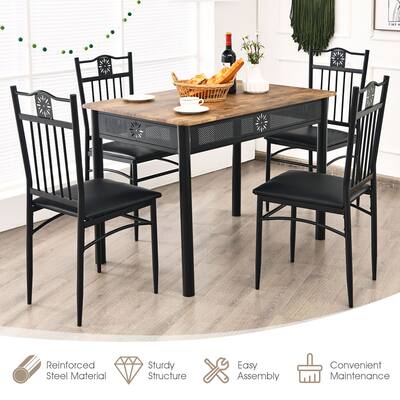 Costway - 5PCS Dining Set Metal Table & 4 Chairs Kitchen Breakfast Furniture - Black