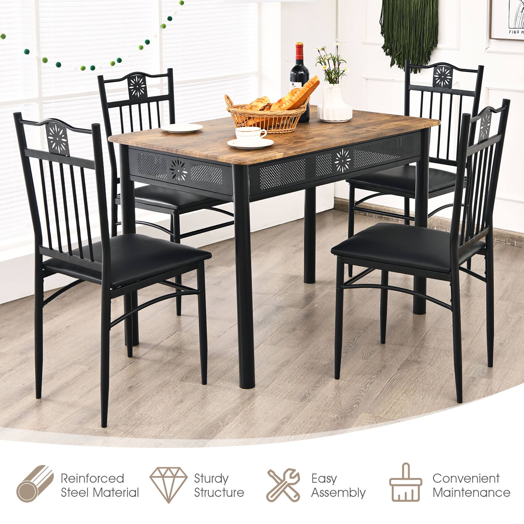 The image features a dining table set with chairs, a basket of bread, and a bottle of wine. The table is made of reinforced steel material, providing a sturdy structure. The chairs are easy to assemble, and the table is convenient to maintain. The setup is ideal for a cozy meal or gathering with friends and family.
