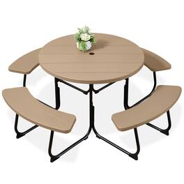 Best Choice Products - 8-Person Circular Outdoor Picnic Table w/ 4 Benches, Umbrella Hole, 2000lb Capacity - Tan