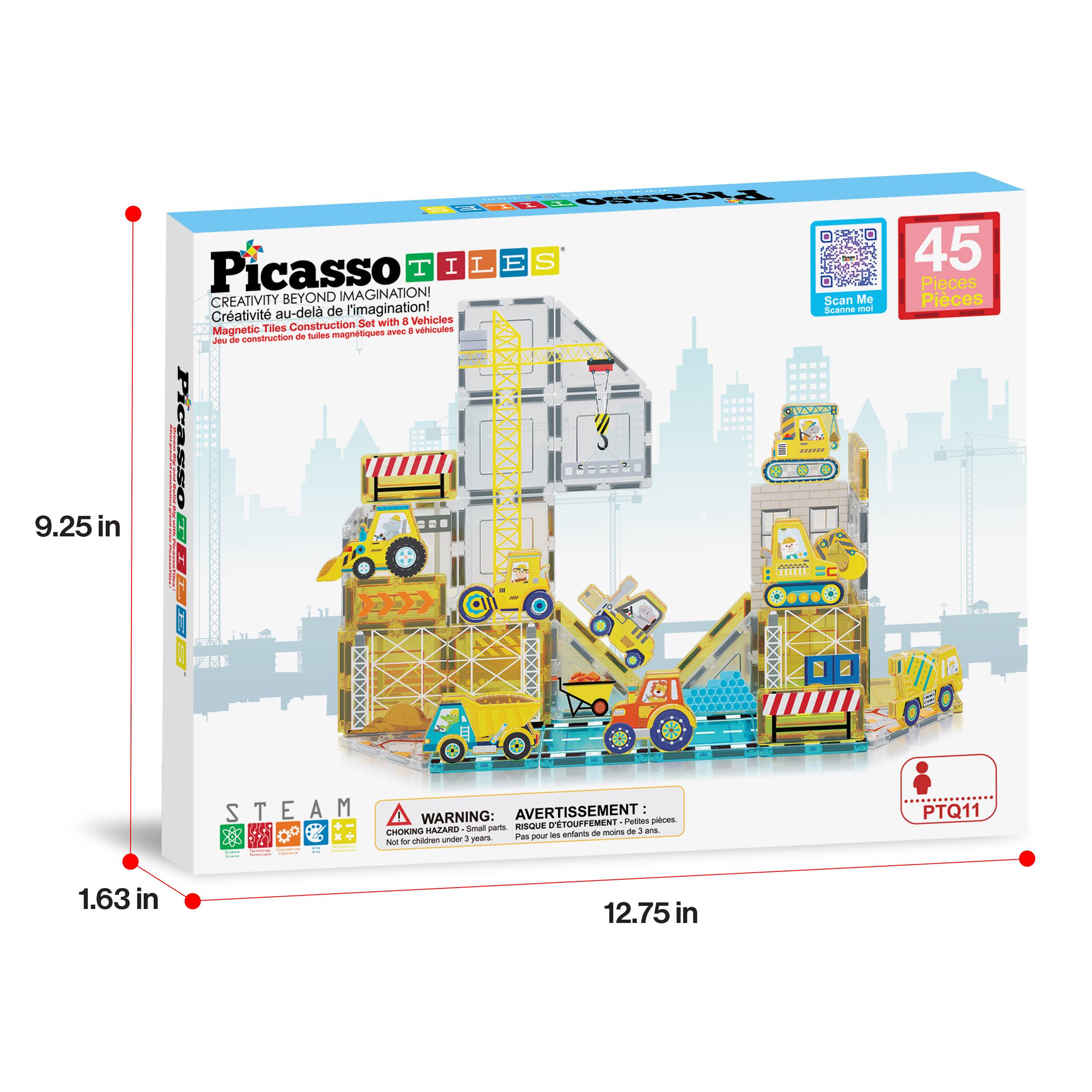 9.25 in  
Figasso I I L E S  
Picasso  
IMAGINATION!  
CREATIVITY BEYOND  
Sean Me de l'imagination!  
Scanr Te Créativité au-dela  

Set with a Vehicles  
00 Magnetic Tiles Construction  
-UeS a vehicules d construction -e tules magnetiques  

Picasso C.. | S80 : N  
TISEEL 45 Pieces  
Pices N  

WARNING: AVERTISSEMENT:  
- Petites pièces Smal ptr RISQUE D'ÉTouFFEMENT CHOKING HAZARD - Small parts.  
- moins - a Pa - ies - for -a - 1  

PTQ11  
1.63 in  
12.75 in  

45  
Pieces  
Scan Me  
Scanne Moi  

STEAM  

WARNING: AVERTISSEMENT:  
CHOKING HAZARD - Small parts. Not for children under 3 years.  
RISQUE D'ÉTouFFEMENT - Petites pièces. Pas pour les enfants de moins de 3 ans.