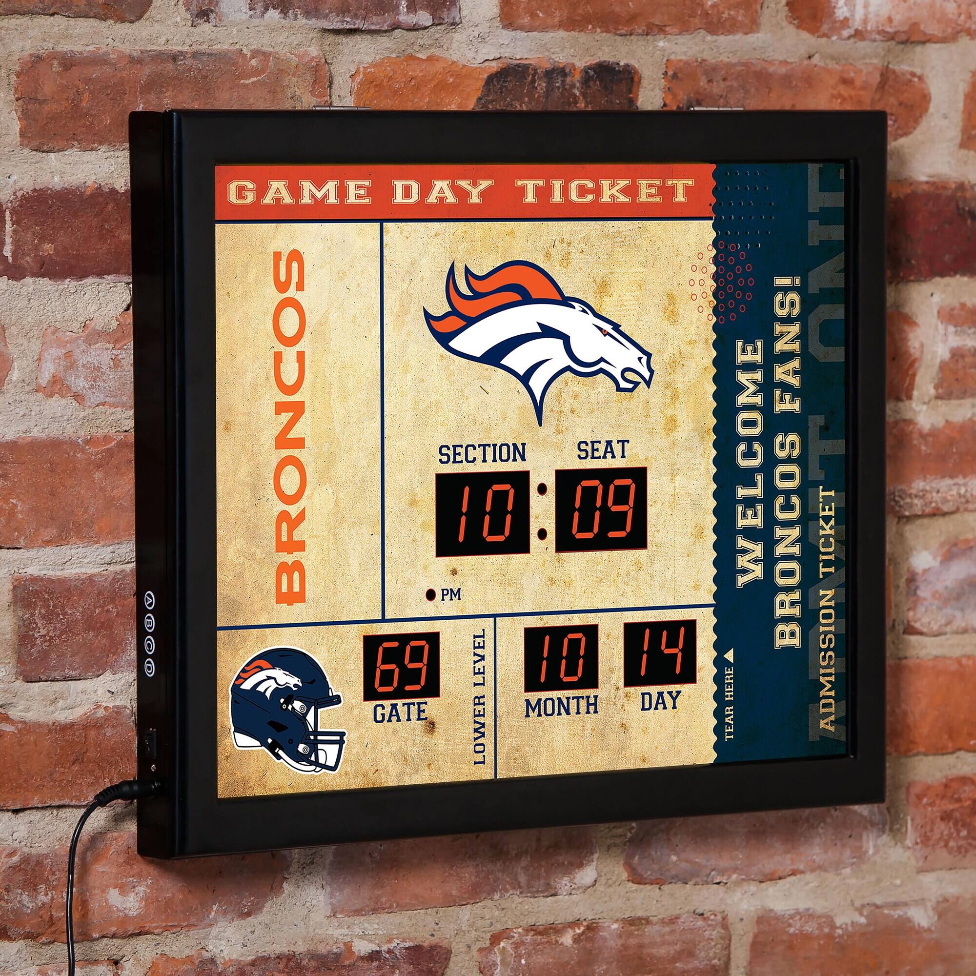 GAME DAY TICKET  
BRONCOS  
SECTION 10  
SEAT 09  
WELCOME FANS!  
BRONCOS TICKET  
ADMISSION  
GATE 69  
LOWER LEVEL  
MONTH 10  
DAY 14