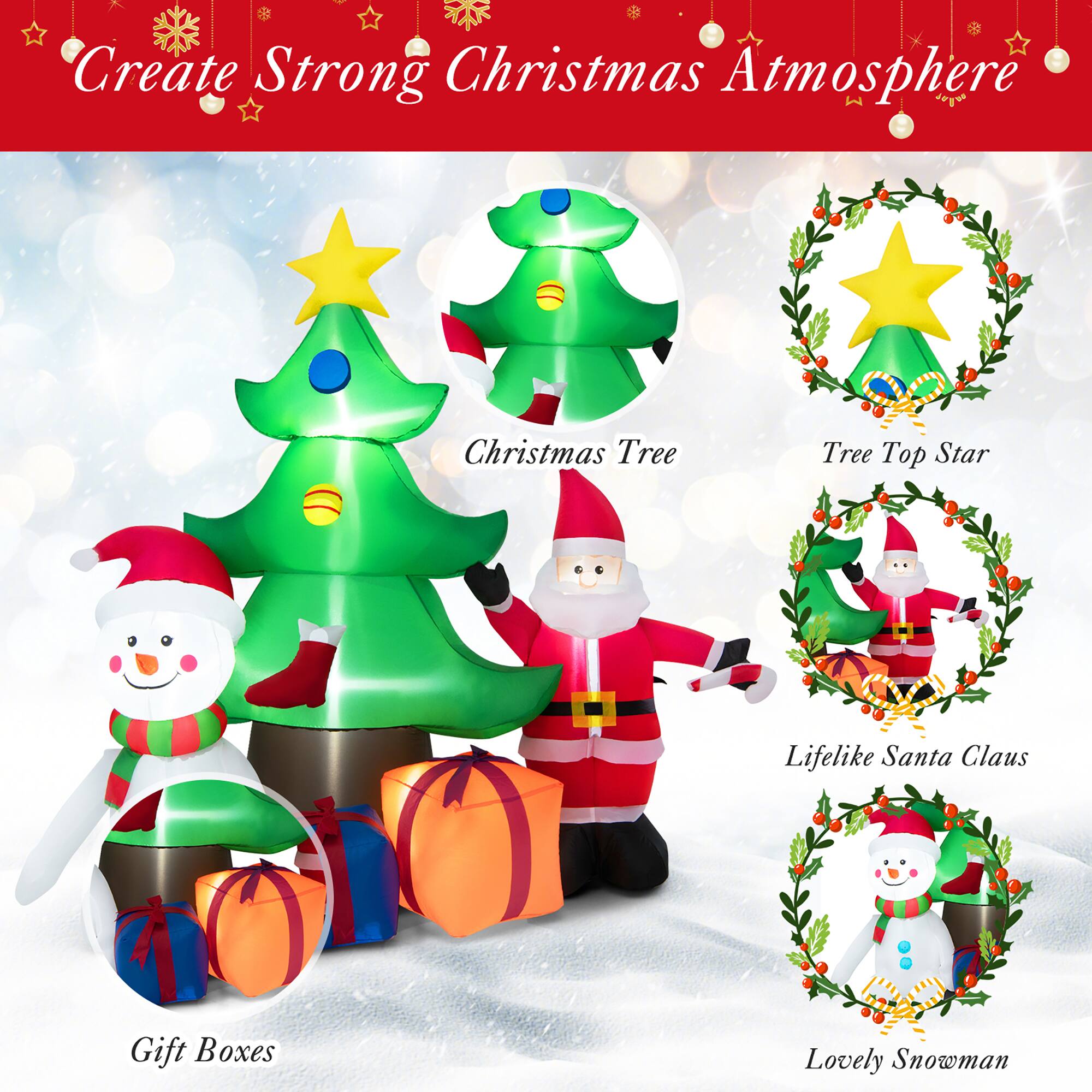 Create Strong Christmas Atmosphere:

* Christmas Tree
* Tree Top Star
* Lifelike Santa Claus
* Gift Boxes
* Lovely Snowman