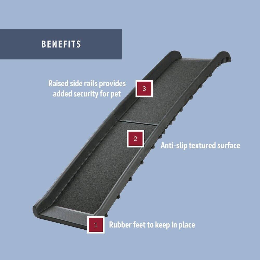 BENEFITS

1. Raised side rails provide added security for pet
2. Anti-slip textured surface
3. Rubber feet to keep in place