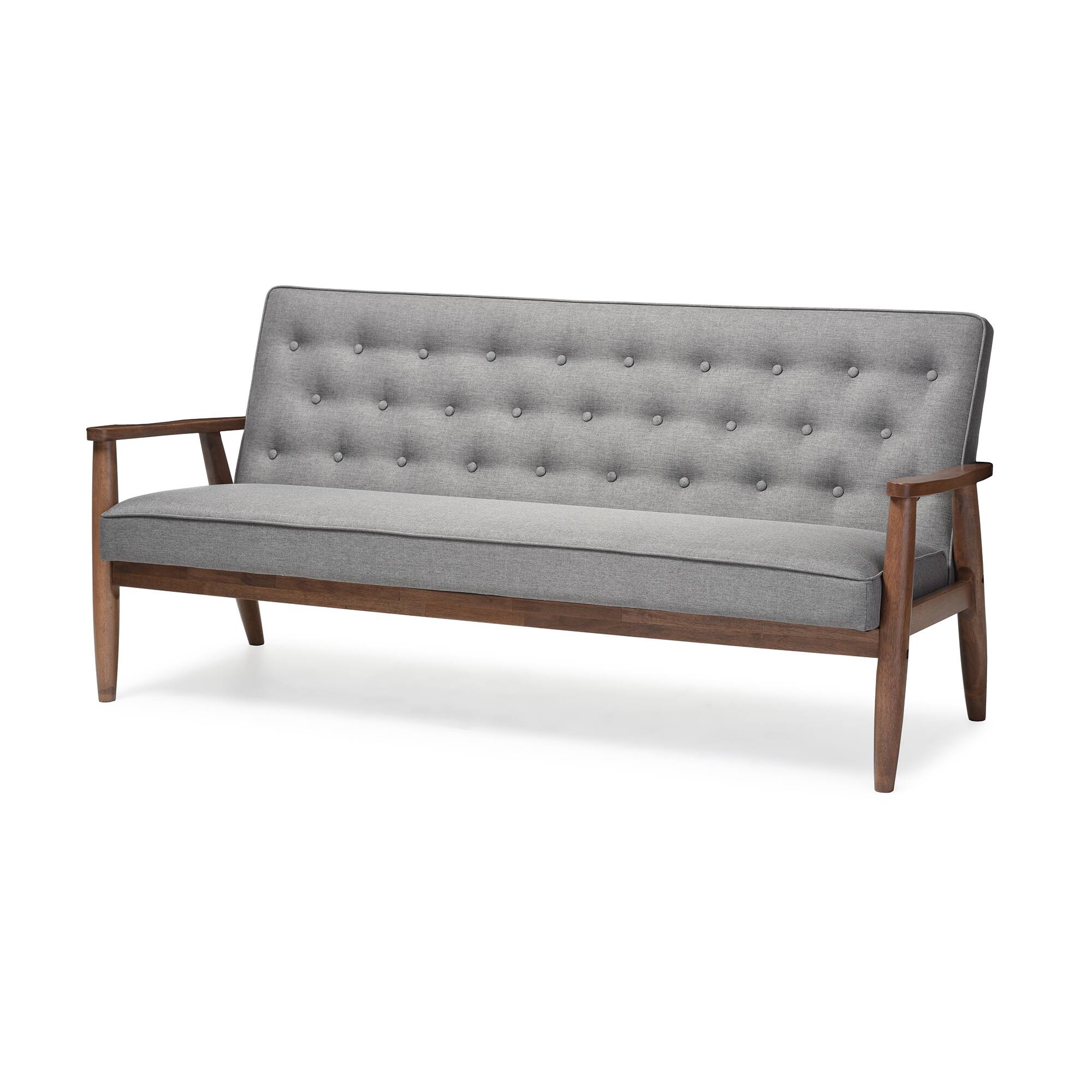 Angle. Baxton Studio - Sorrento Mid-century Retro Modern Fabric Upholstered Wooden 3-seater Sofa - Grey.