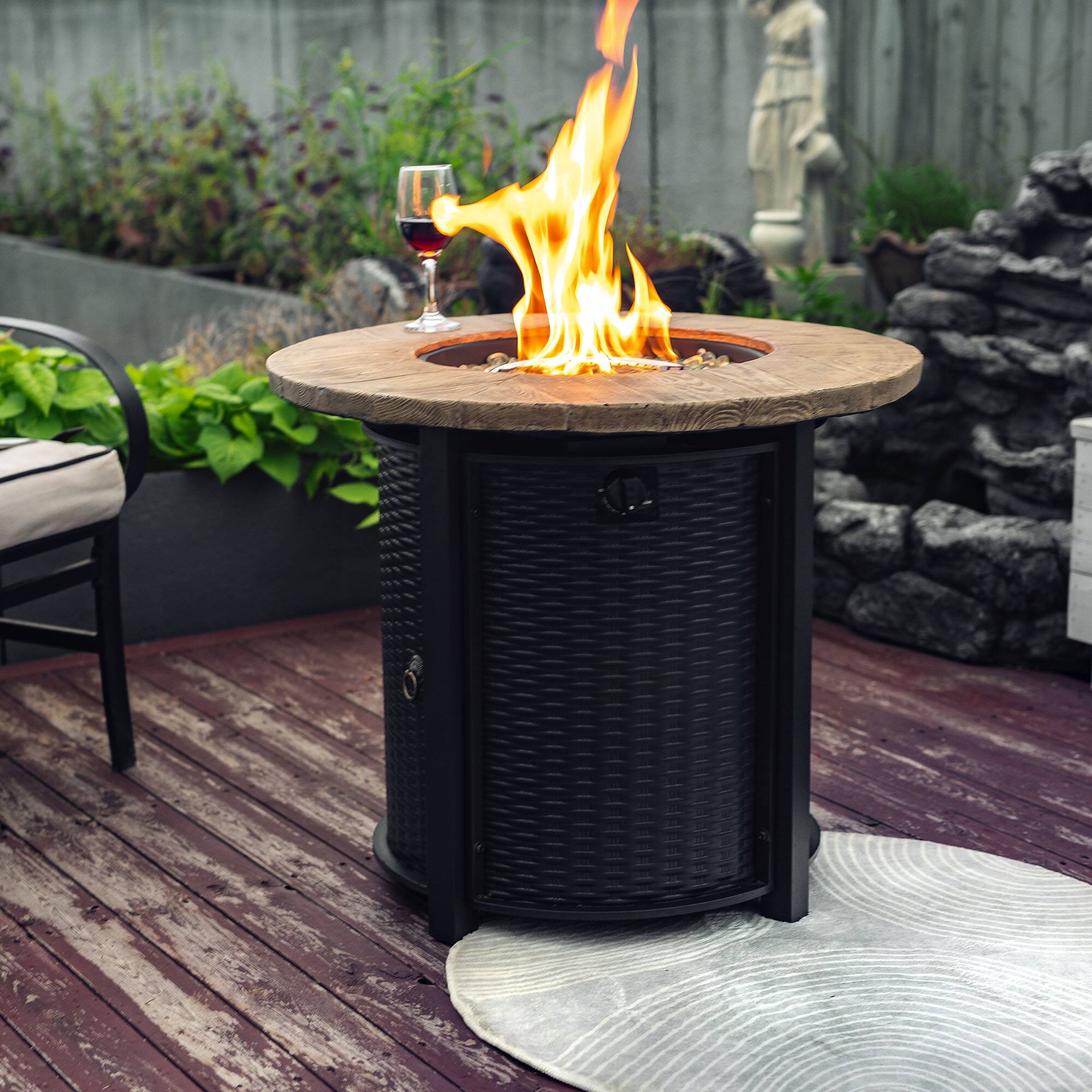 Glintex - 30" Propane Gas Fire Pit Table 50000 BTU Round Steel Outdoor Fire Pit with Wood Grain Finish for Patio Deck Garden - Black