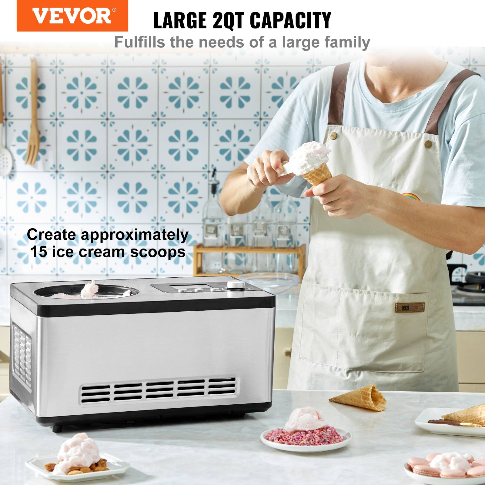 VEVOR  
LARGE 2QT CAPACITY  
Fulfills the needs of a large family  

Create approximately 15 ice cream scoops