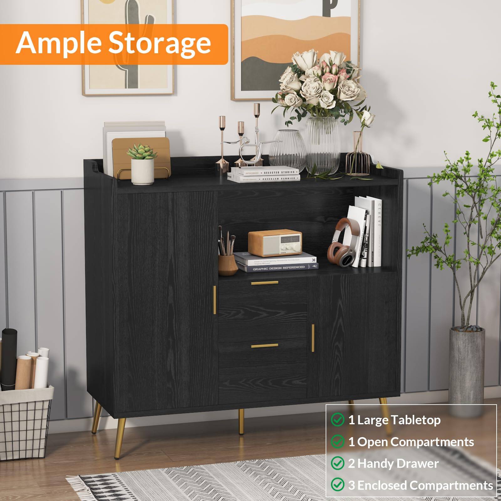 Ample Storage

1 Large Tabletop  
1 Open Compartments  
2 Handy Drawer  
3 Enclosed Compartments