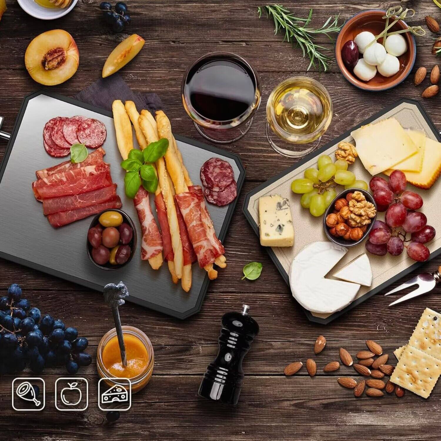 Back. Tooloton - 16x11 Inch Double Sided Chopping Board - 304 Stainless Steel with Wheat Straw Composite, Dishwasher Safe - Silver.