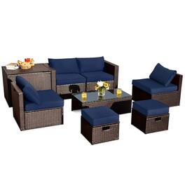 Pefilos - 8 Pieces Patio Space-Saving Rattan Furniture Set with Storage Box and Waterproof Cover-Navy, Wicker Furniture - Blue