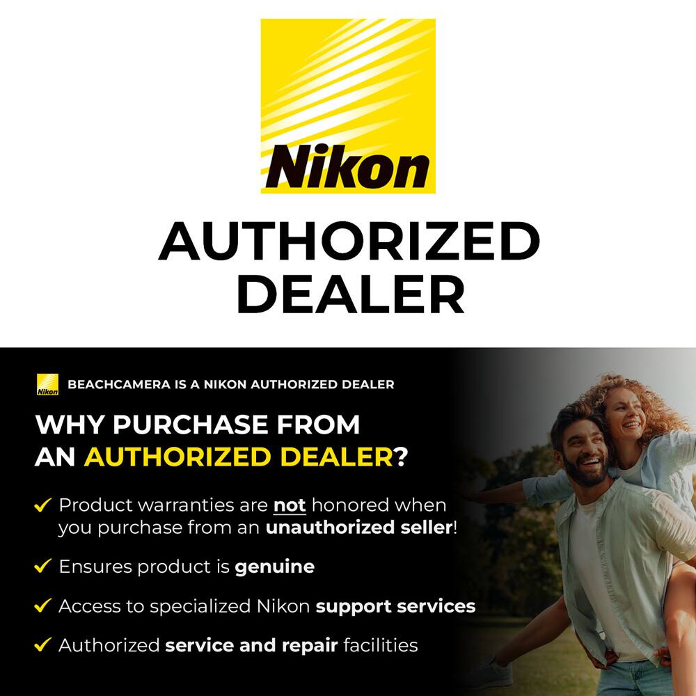 Nikon  
AUTHORIZED DEALER  

BEACHCAMERA IS A NIKON AUTHORIZED DEALER  

WHY PURCHASE FROM AN AUTHORIZED DEALER?  

- Product warranties are not honored when you purchase from an unauthorized seller!  
- Ensures product is genuine  
- Access to specialized Nikon support services  
- Authorized service and repair facilities