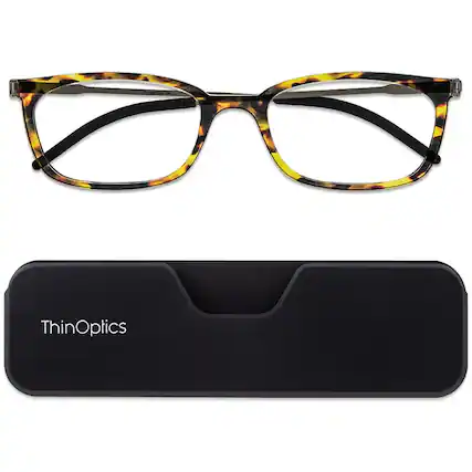 Front. ThinOptics - ThinOptics Connect Reading Glasses with Black Full Frame Pod - +1.50 - Tortoise - Tortoise.