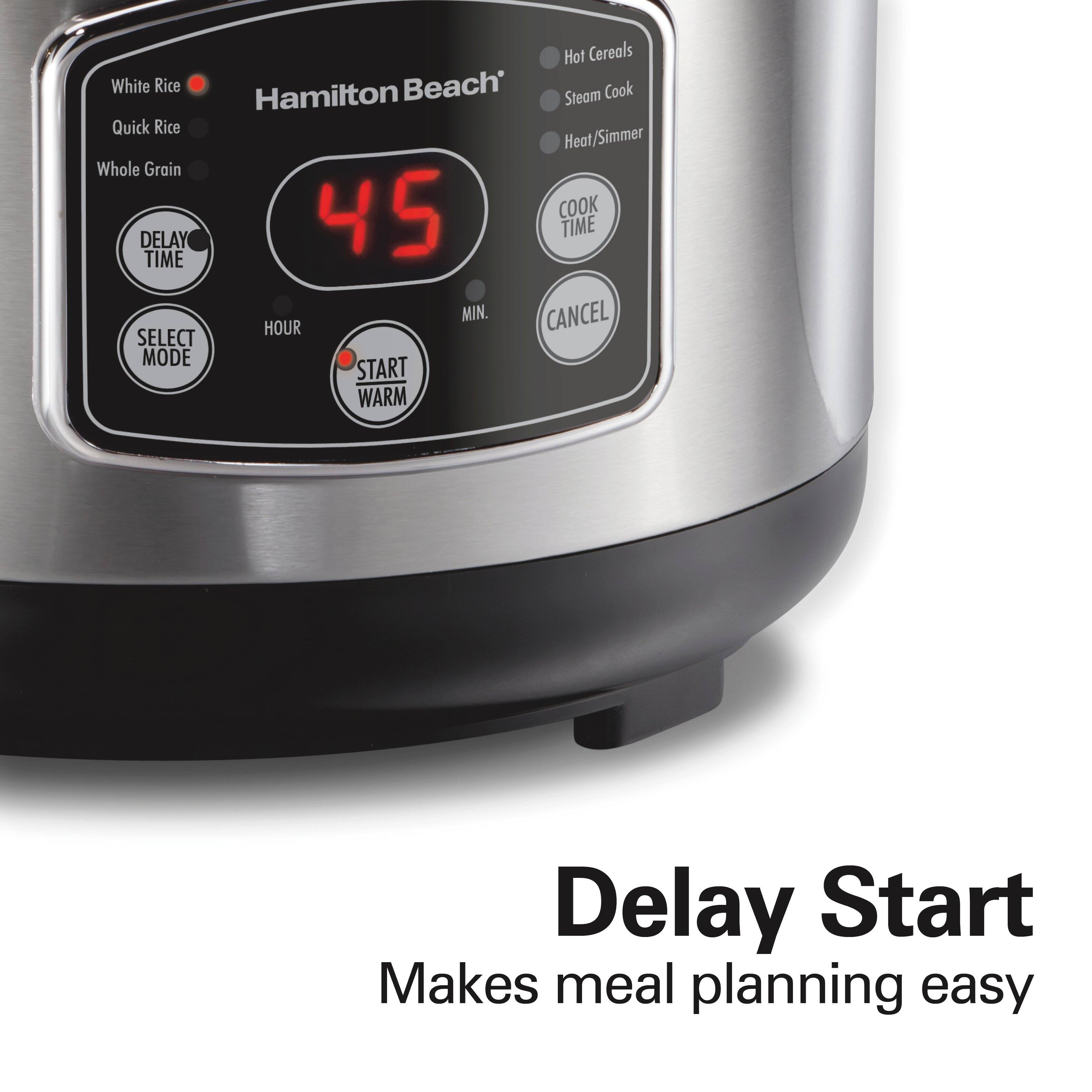 - Hot Cereals
- Steam Cook
- Heat/Simmer
- White Rice
- Quick Rice
- Whole Grain
- COOK TIME
- DELAY TIME
- SELECT MODE
- START WARM
- CANCEL
- 45 (displayed on the screen)
- Delay Start
- Makes meal planning easy