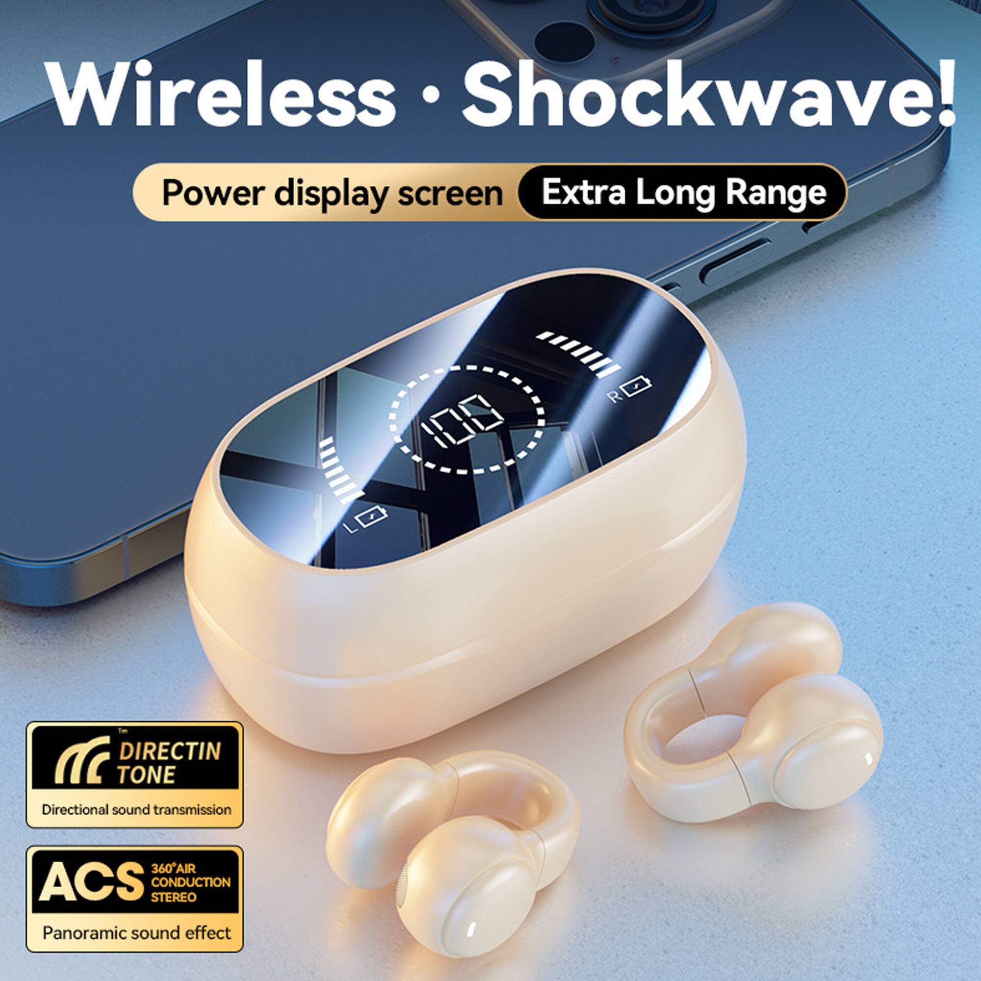 Wireless Shockwave!  
Power display screen  
Extra Long Range  

DIRECTIN TONE  
Directional sound transmission  

ACS  
360AIR CONDUCTION STEREO  
Panoramic sound effect