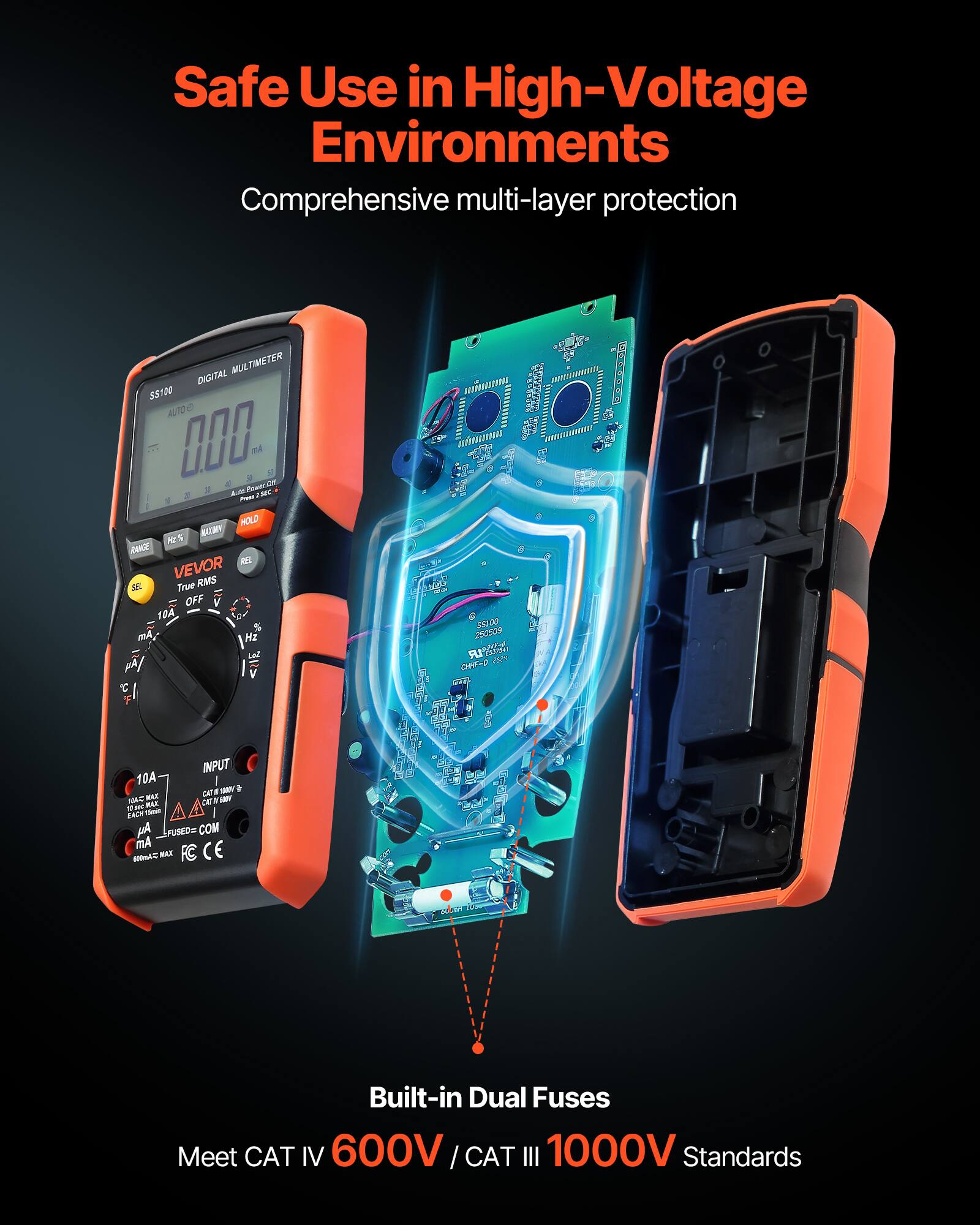 Safe Use in High-Voltage Environments  
Comprehensive multi-layer protection  

MULTIMETER DIGITAL 55120 AUTO 0O. Ml 4 in 3 A P a ML d Pr HOLD S SOMA a VEVOR S True RMS OFF V 1DA HE at / V vglal 20000 250809 7r -0 INPUT 10A a - . AL O i cat - - E MAL ain 1mi AA p FUSEDA COM Am nC MAR FC CE  

Built-in Dual Fuses  
Meet CAT IV 600V / CAT III 1000V Standards