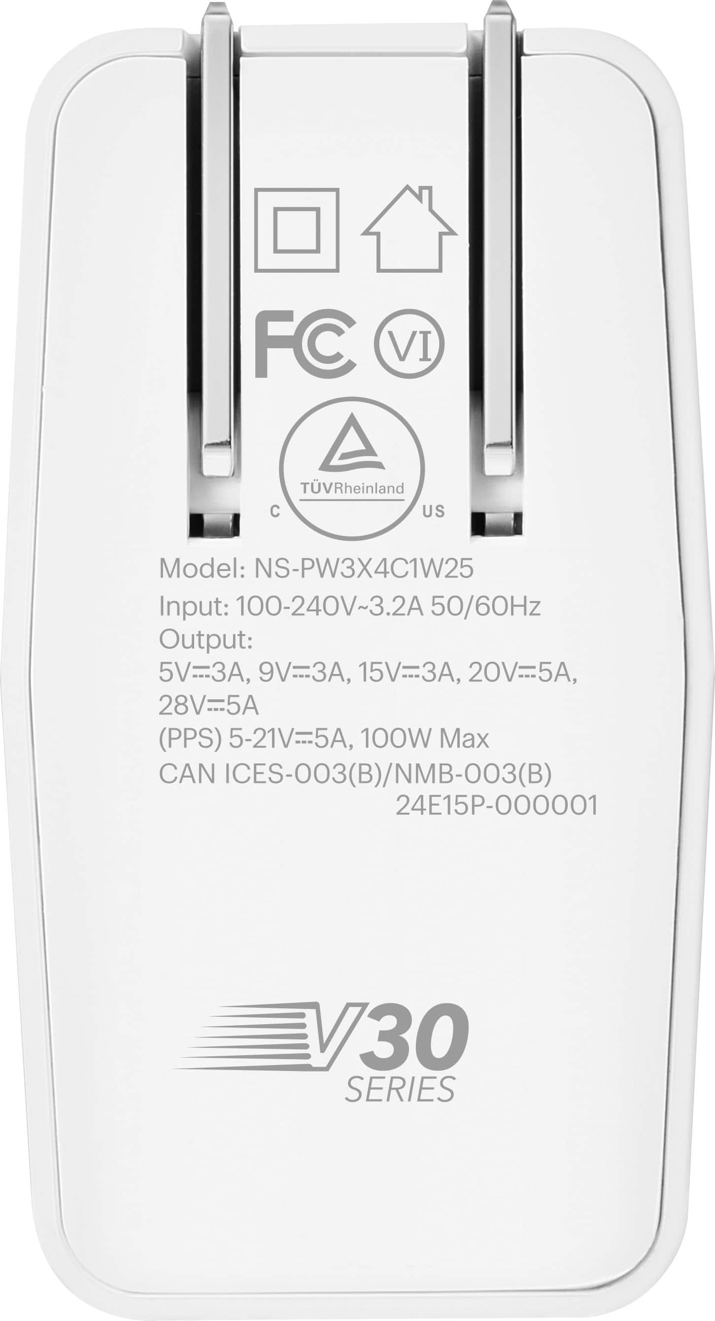 The text on the image is grouped and corrected as follows:
Model: NS-PW3X4C1W25
Input: 100-240V~3.2A 50/60Hz
Output: 5V-3, 9V=3A, 15V=5A, 20V=5A, 28V=5A (PPS)
5-21V=5A, 100W Max
CAN ICES-003(B)/NMB-003(B)
24E15P-000001
730 SERIES