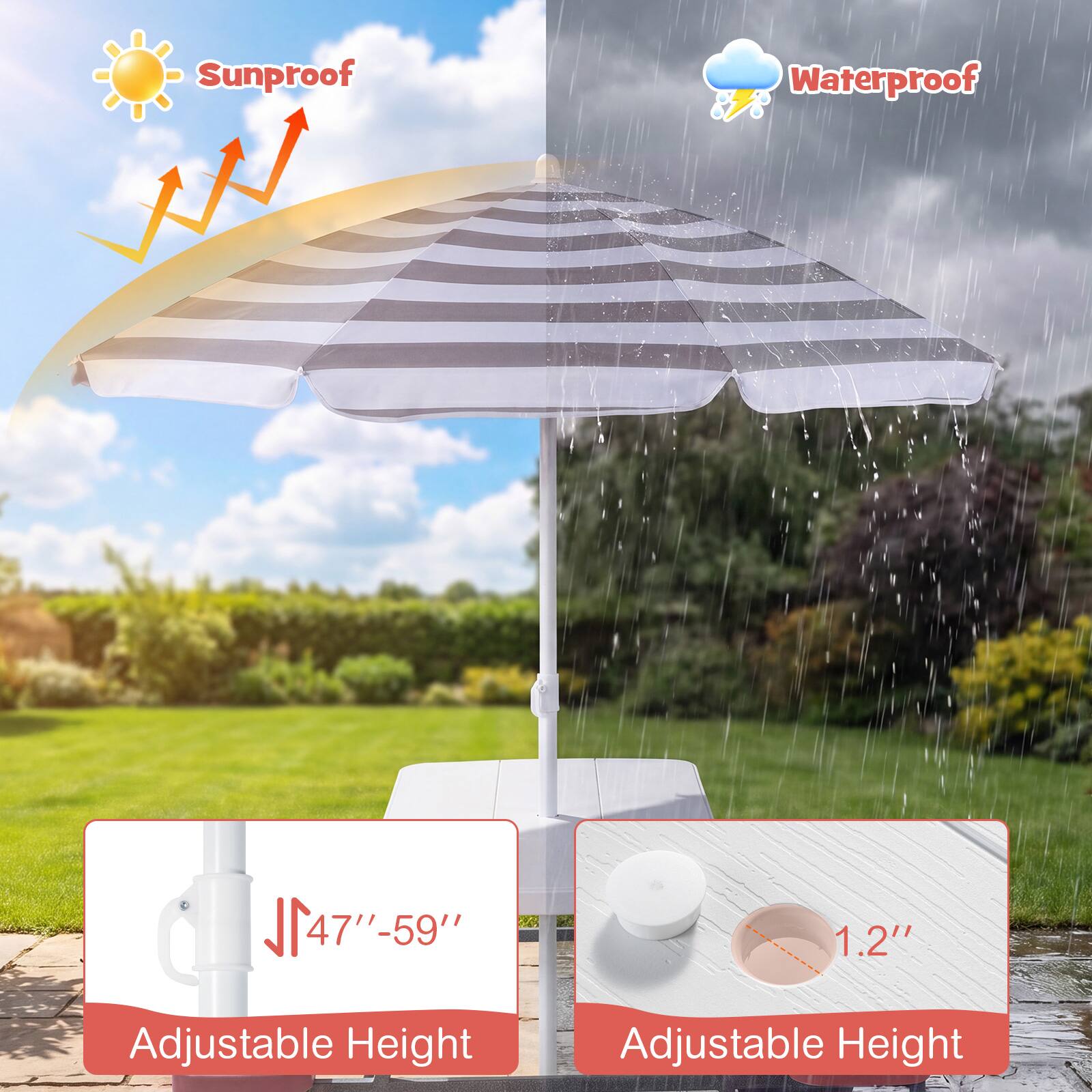 Sunproof Waterproof  
47"-59" Adjustable Height  
1.2" Adjustable Height