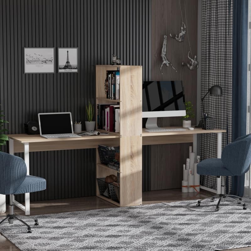 Anysun - 88" 2-Person Computer Desk with Storage Shelves & Bookshelf, Double Workstation for Home Office - Natural Wood