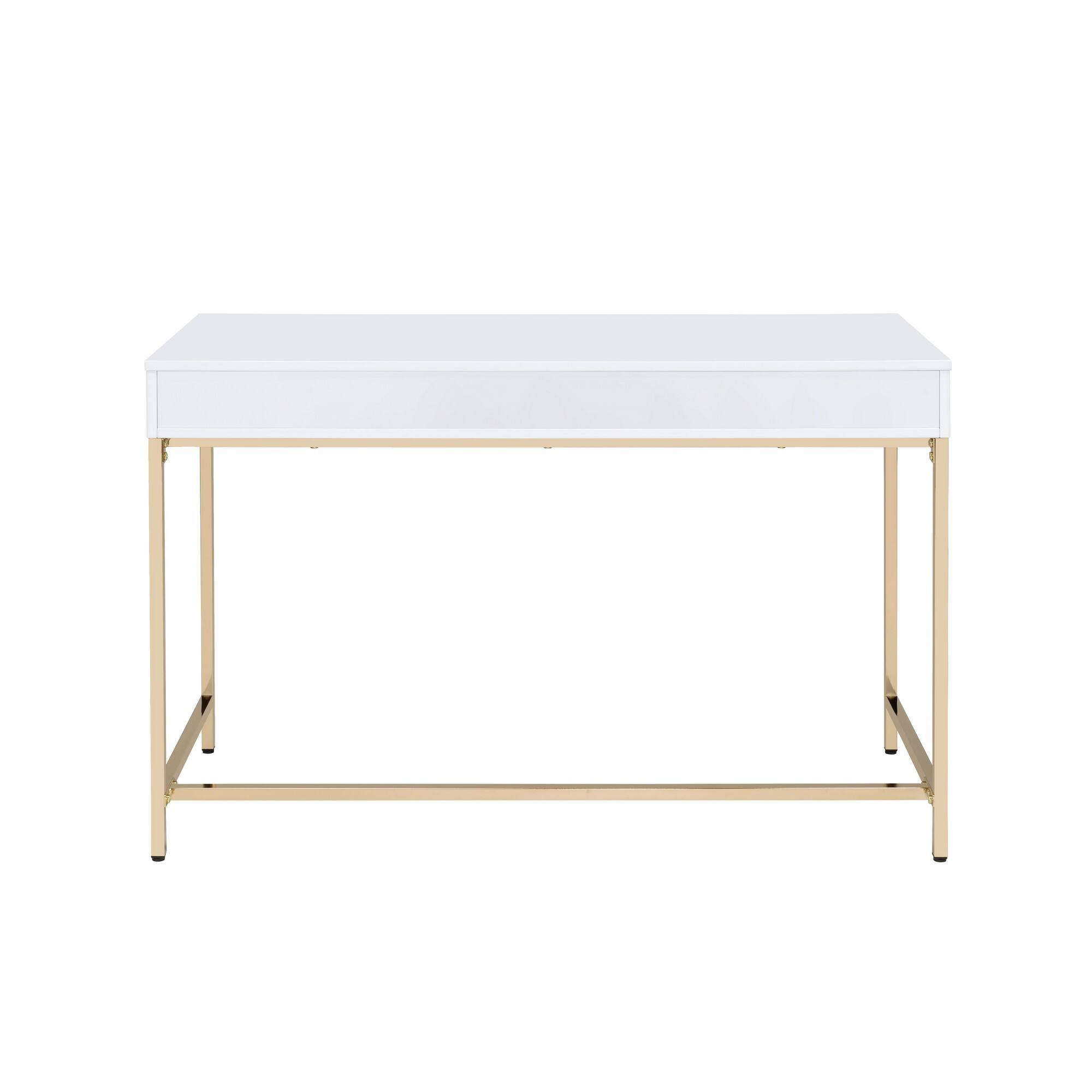 Back. Manhattan Lane - Two Drawers Wooden Desk with Tubular Metal Base, White and Gold - White and Gold.