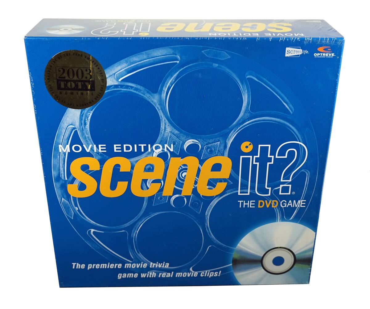 Sure, here is the corrected and grouped text from the image:

---

**Scene It? Movie Edition**

**The DVD Game**

**The premiere movie trivia game with real movie clips!**

**2003 TONY NOMINEE**

**Screenlife**

**OPTREVE**

---

This text is taken from the packaging of the "Scene It? Movie Edition" DVD game.
