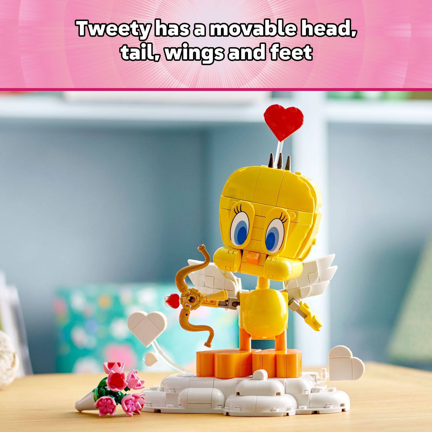 Tweety has a movable head, tail, wings, and feet.
