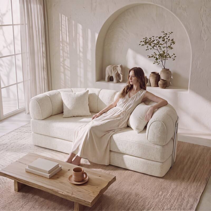 Alt View 3. Vipbear - 78.8" Round Boneless Sofa Bed, Foldable 2-in-1 Oversized Sleeper Couch for Small Spaces, Apartment, Dorm, No Assembly - Off-white.