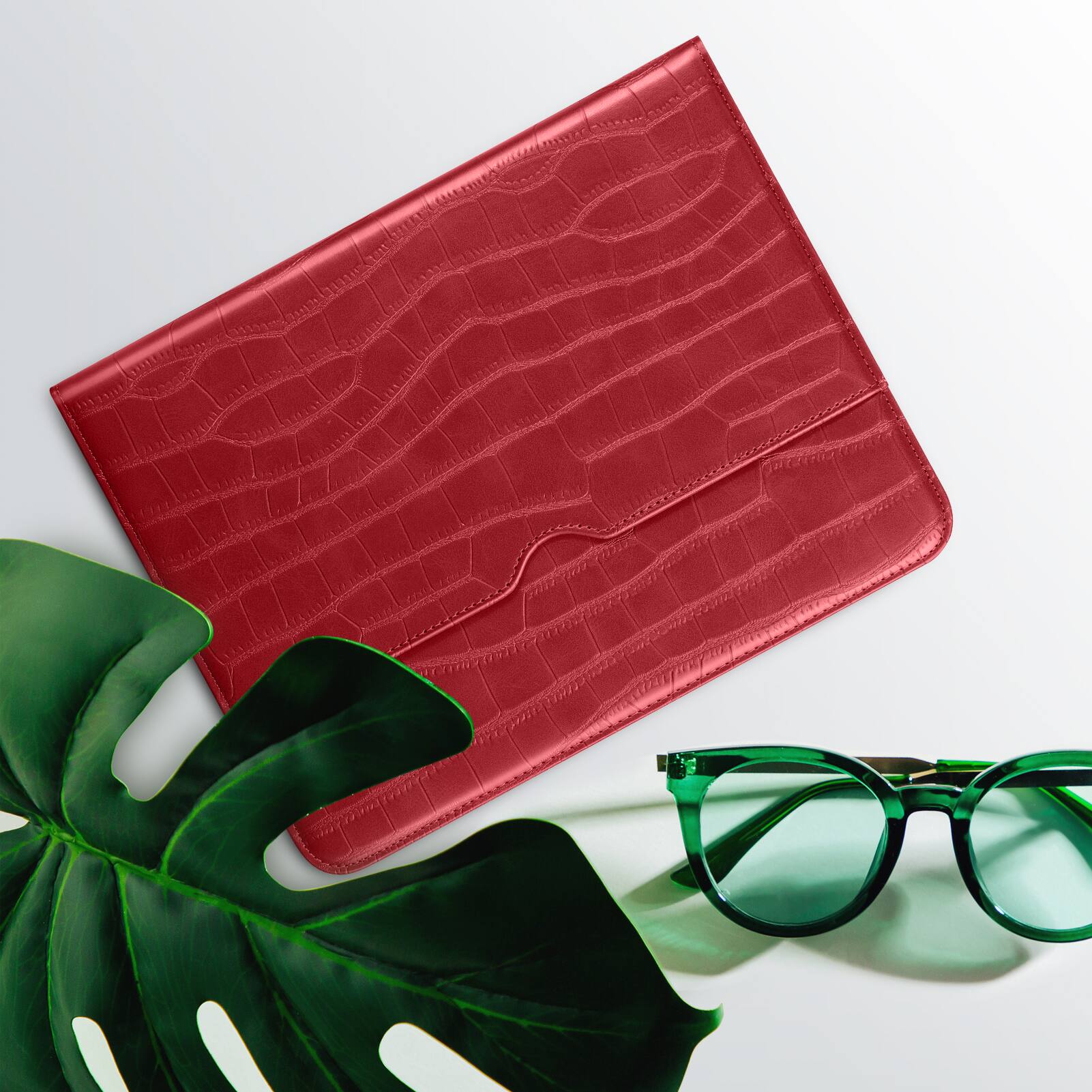 Angle. VIKESI - Case for iPad A16 and iPad 10th 10.9-Inch Leather Smart Folio Cover with Pencil Holder and Hand Strap,Auto Sleep/Wake - Red.