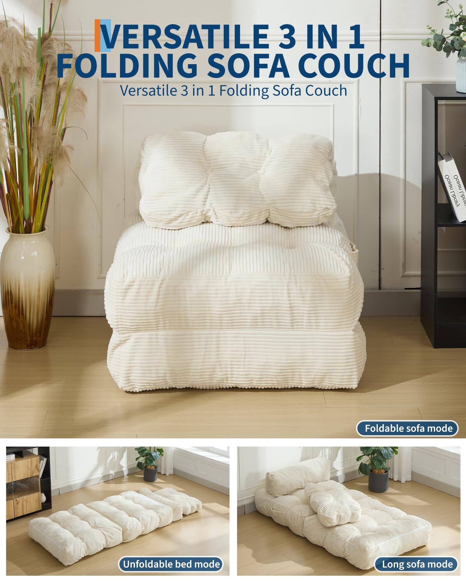 VERSATILE 3 IN 1 FOLDING SOFA COUCH  
Versatile 3 in 1 Folding Sofa Couch  

Foldable sofa mode  
Unfoldable bed mode  
Long sofa mode