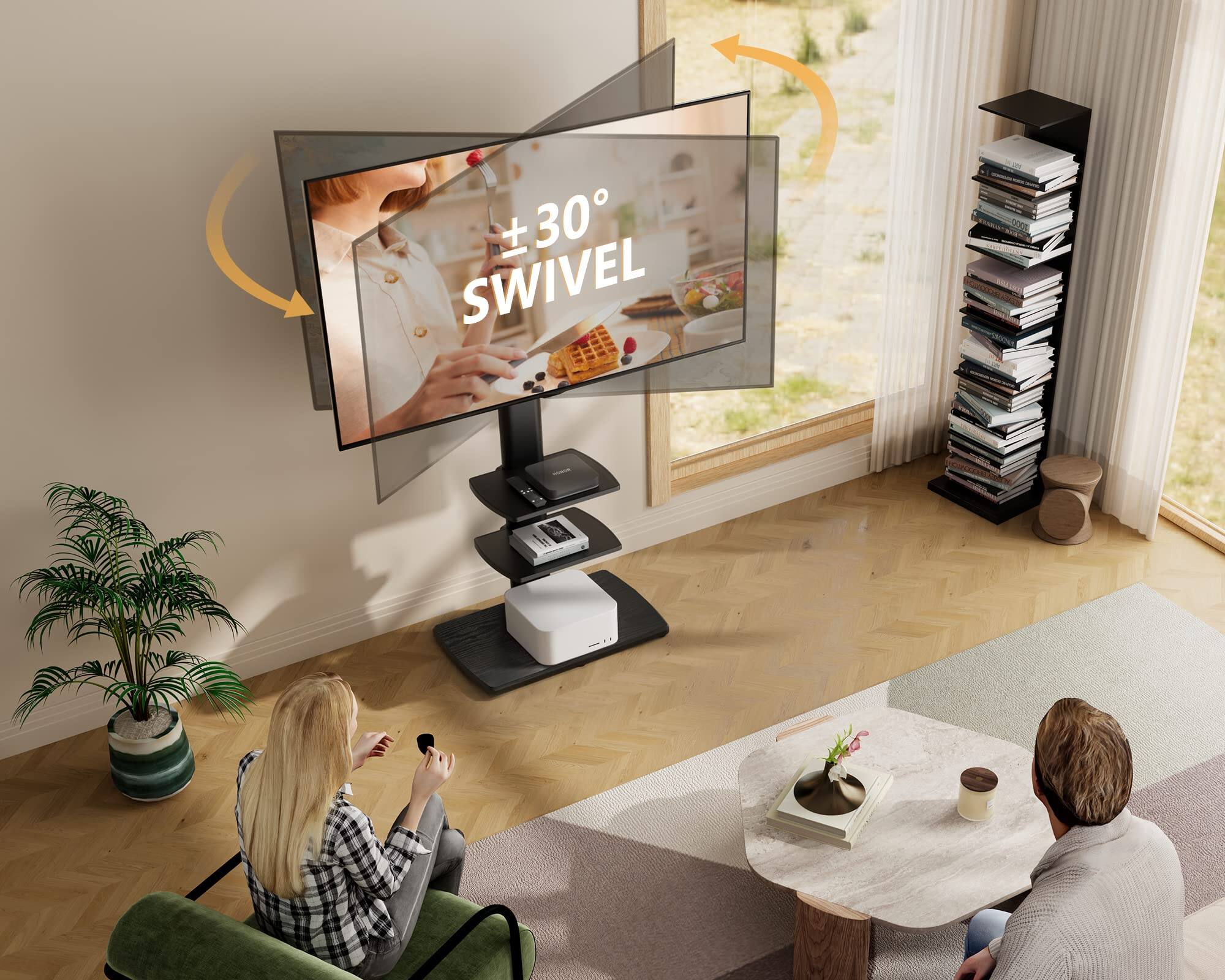 Alt View 2. ThinkLink Electronic - Floor Stand Living Room Bedroom Tall Stands Sturdy Wood Base Tvs Corner Height Adjustable Shelves Swivel - White With Wheels & Power Strip.