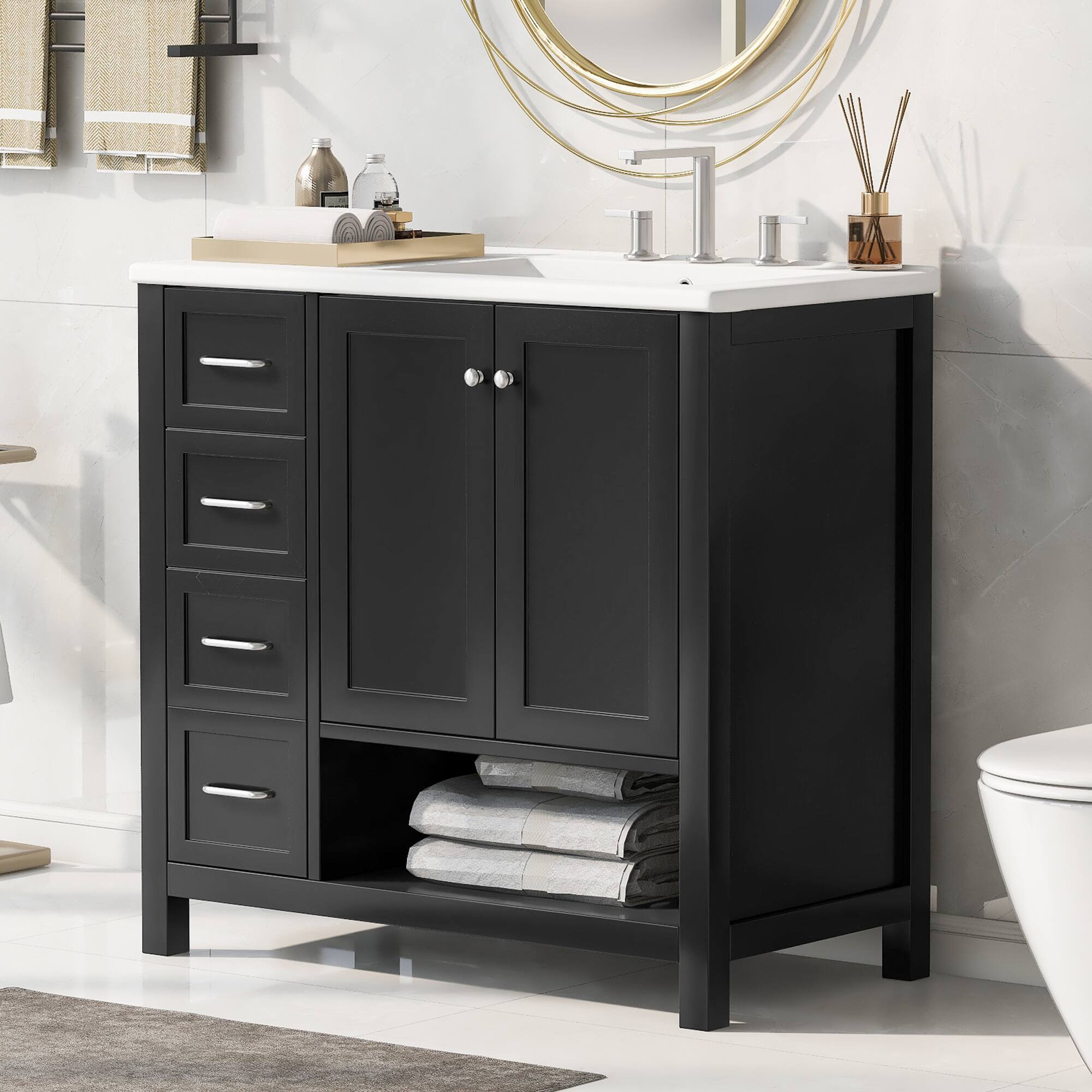 Front. Whisen - 36 Inch Bathroom Vanity with Right Side Ceramic Sink Combo and Single Open Shelf Storage Cabinet - Black.