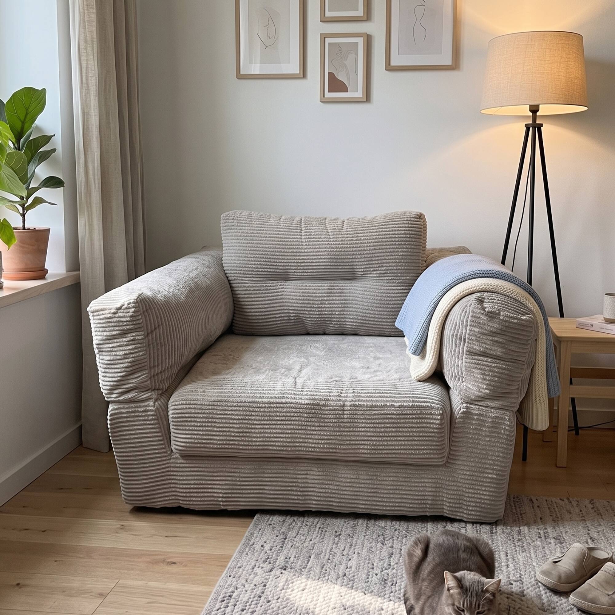 Left. Famapy - Convertible Chair Bed Corduroy Oversized Single Sofa Chair, High Resilience Foam Removable Washable Cover - Light Gray.