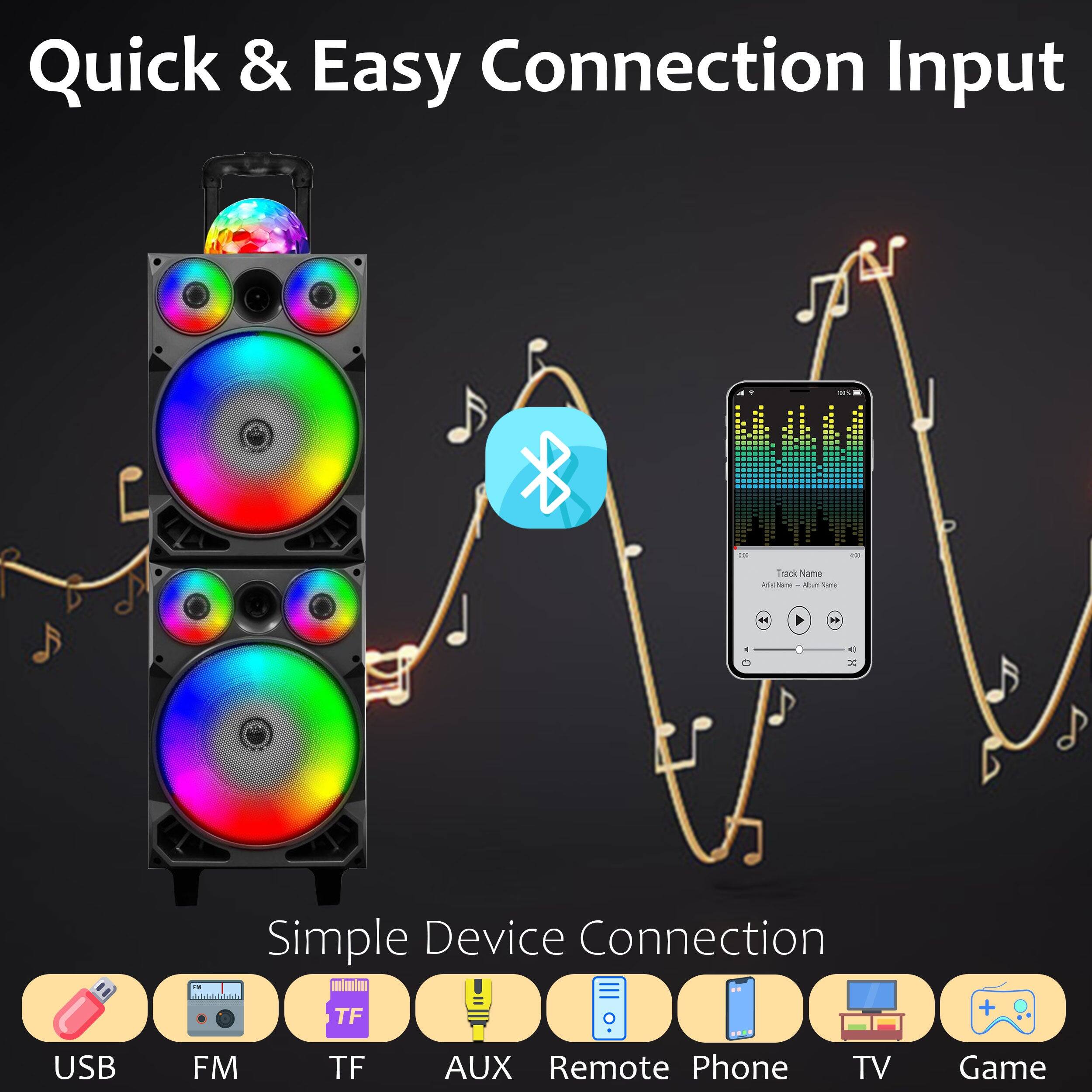 Quick & Easy Connection Input

Simple Device Connection

USB FM TF AUX Remote Phone TV Game