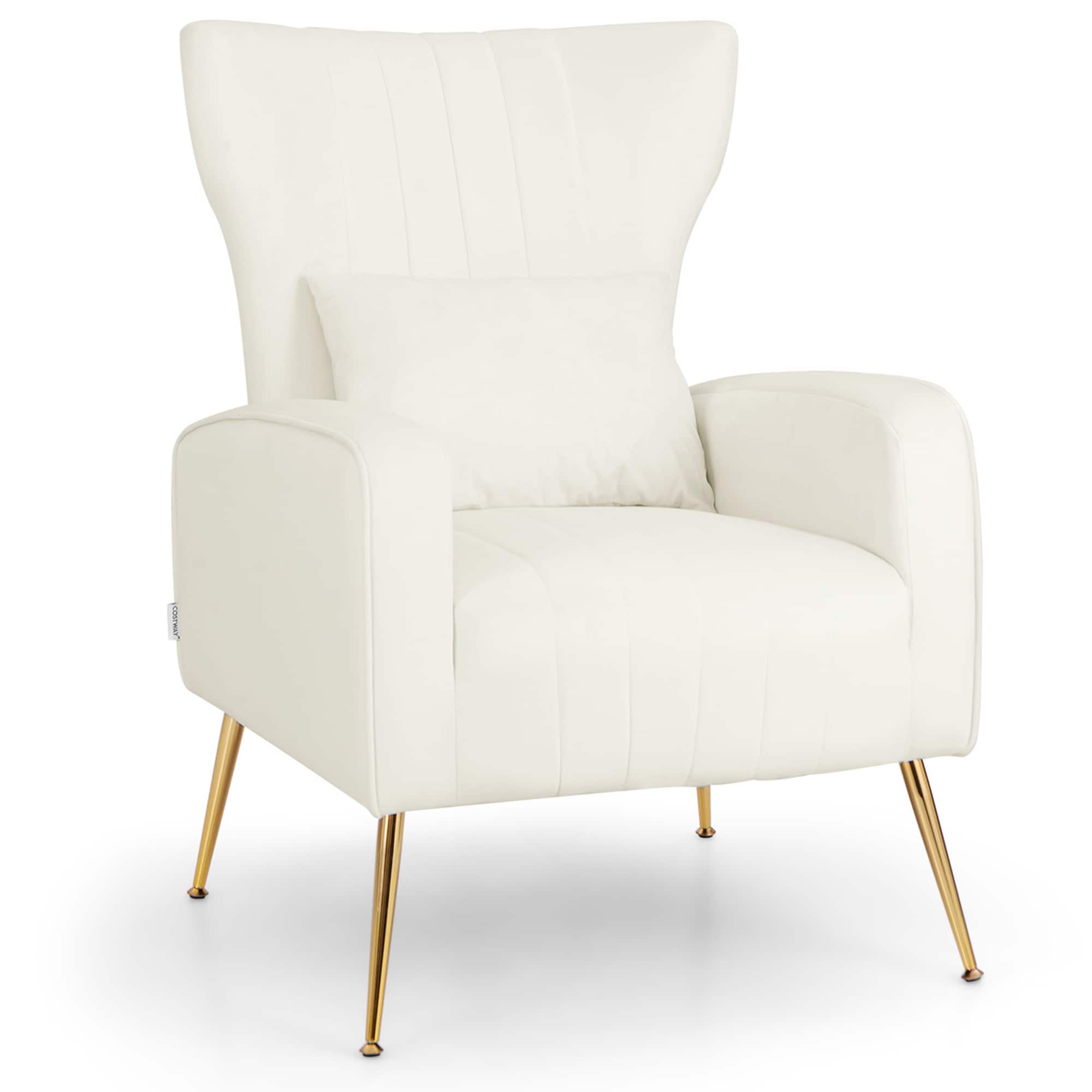 Front. Costway - Velvet Upholstered Wingback Chair with Lumbar Pillow and Golden Metal Legs - White.