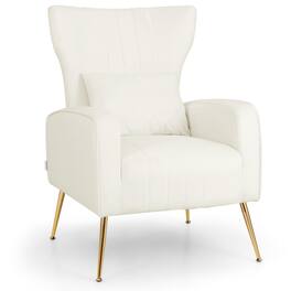 Costway - Velvet Upholstered Wingback Chair with Lumbar Pillow and Golden Metal Legs - White