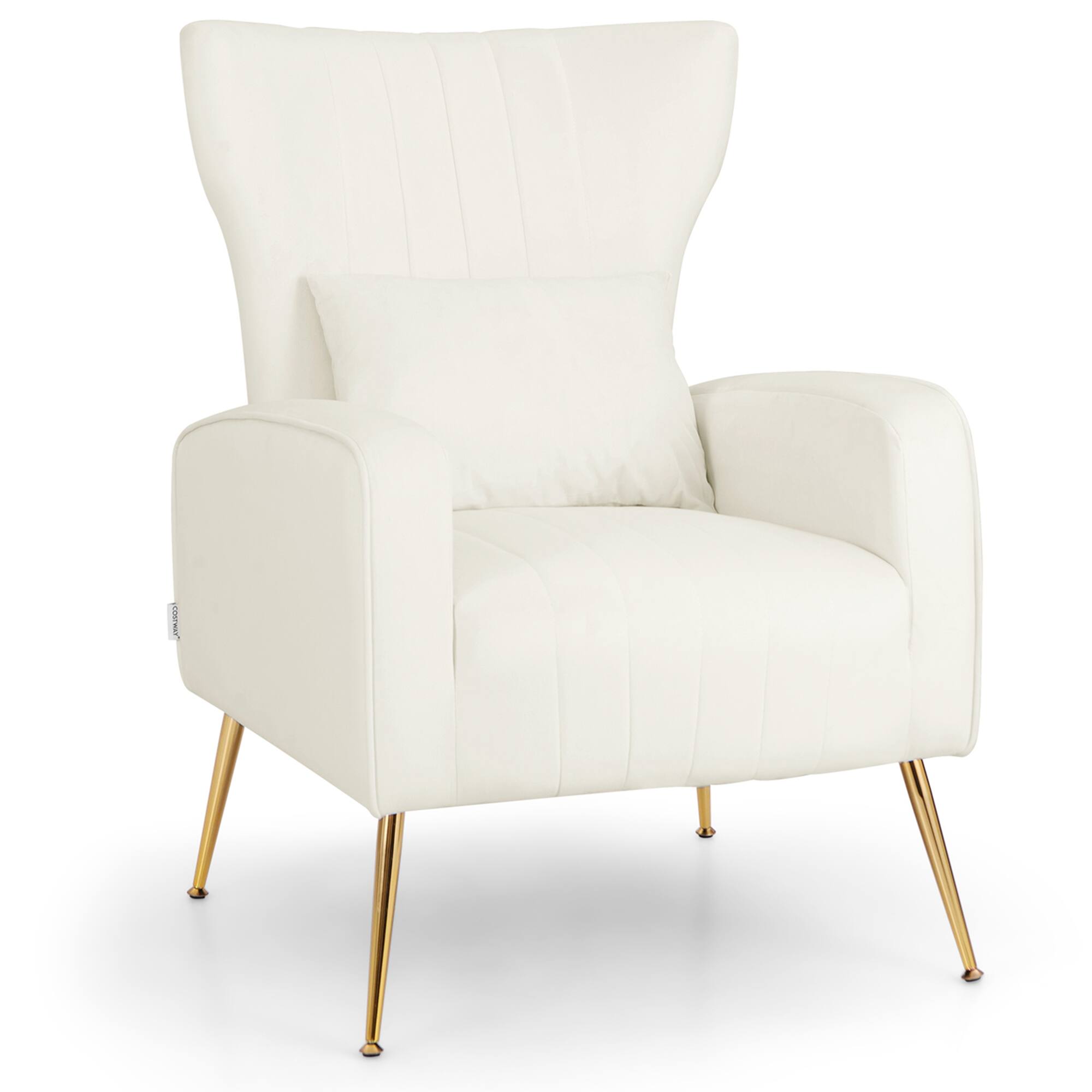 Front. Costway - Velvet Upholstered Wingback Chair with Lumbar Pillow and Golden Metal Legs - White.