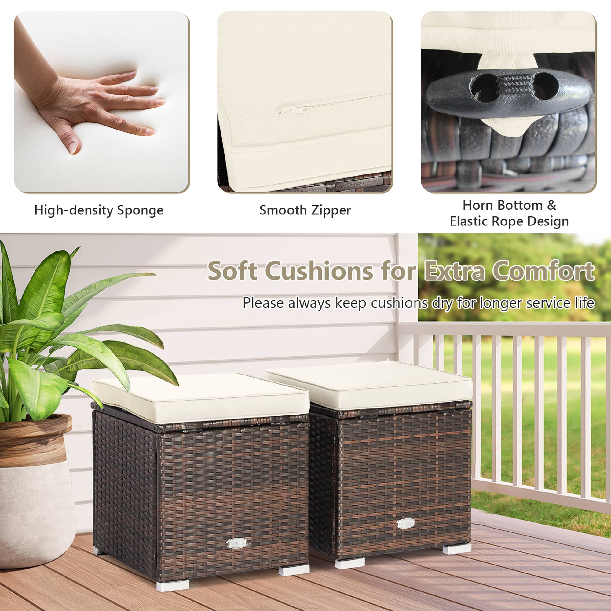 High-density Sponge, Smooth Zipper, Horn Bottom & Elastic Rope Design Soft Cushions for Extra Comfort. Please always keep cushions dry for longer service life.