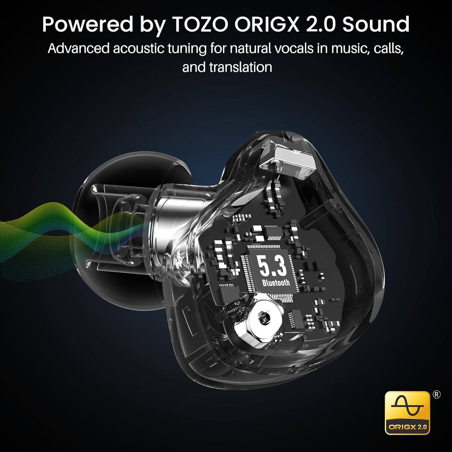 Powered by TOZO ORIGX 2.0 Sound  
Advanced acoustic tuning for natural vocals in music, calls, and translation  
5.3 Bluetooth